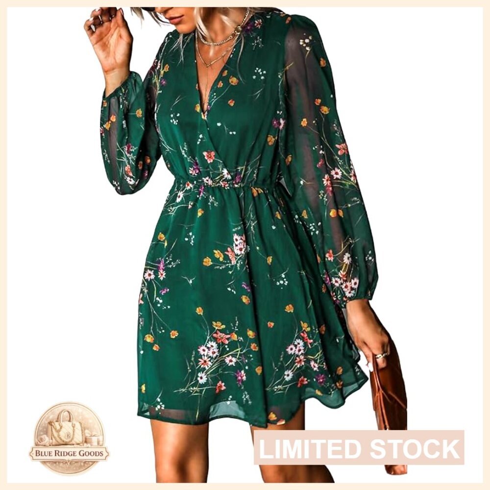 V-Neck Chiffon Mini Dress Flowy Peasant Sleeves A-Line Spring Casual Elegant
